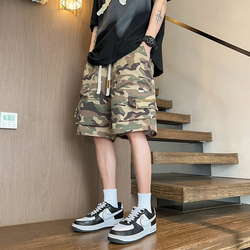 Summer Elastic High Waisted Zipper Drawstring Camouflage Geometric Pockets Casual Cargo Men's Clothing England Style Shorts