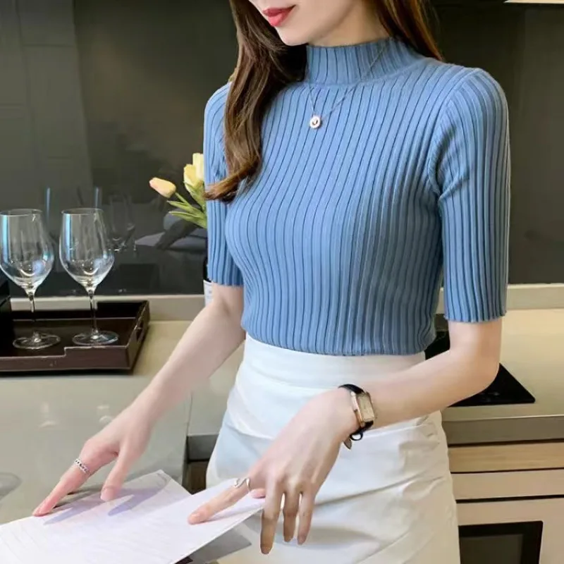 

Летний пуловер, вязаные топы, вязаный свитер с рукавом до локтя, женская футболка в Корейском стиле, осень 2024, базовый однотонный Повседневный Женский базовый свитер