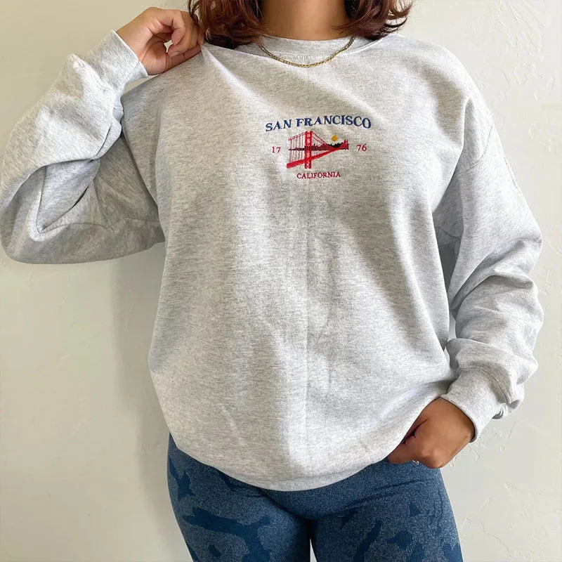 San Francisco Golden Gate Bridge Vintage Embroidered Unisex Gray Autumn Pullovers Long Sleeve Cotton Thick Casual Sweatshirts