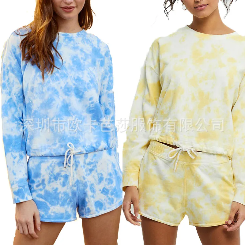 2 Pieces Set Women Tie Dye 2022 Autumn Spring House Coat long-sleeved Jacket Pants Suit Sports Set Dropahipping OKBS010