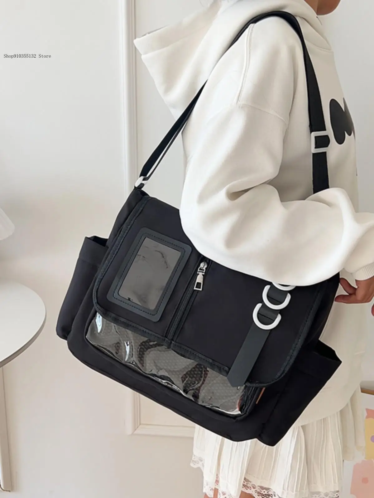 Japanese Nylon Fabric College Style Design Casual Splicing Shoulder Bag Lightweight See-Through Pain Handbag Crossbody Bag