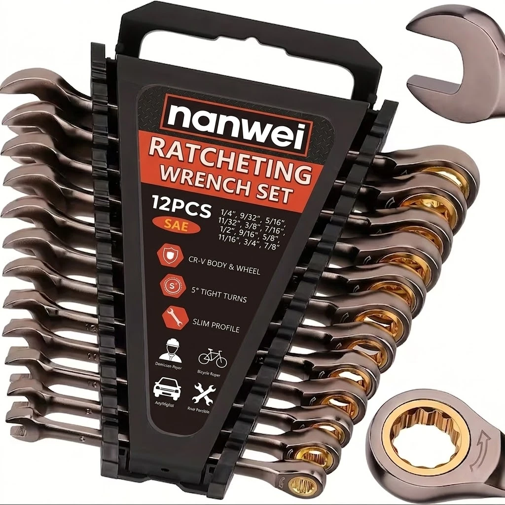 12Pcs SAE Ratcheting Combination Wrench Set,72-Tooth 5° Swing Arc 12-Point Box End,CR-V Steel Ratchet Spanner Kit,Open & Box End Wrench for Auto Motorcycle Bicycle Repair