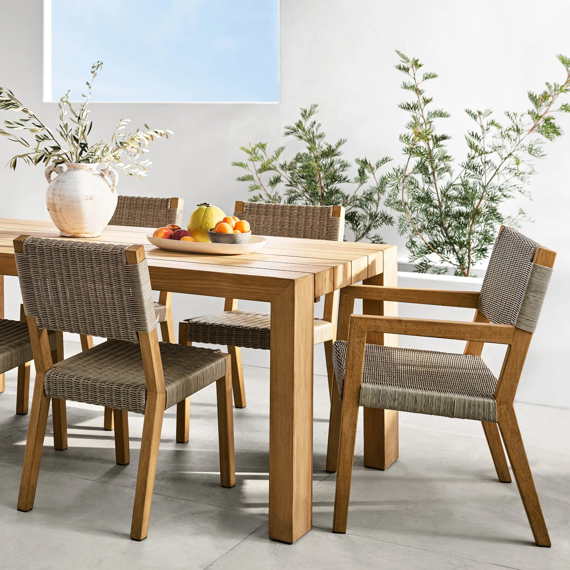 Stylish Patio Outdoor Dining Table And Mixing Rattan Teak Chairs Set Outdoor Wooden Garden Furniture