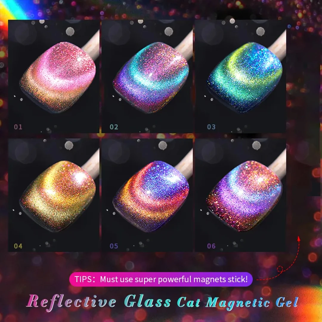 6Pcs 10ml Reflective Glass Cat Magnetic Gel Nail Polish, Soak Off UV LED Gel Polish Manicure Nail Art Gift Kit With Magnet Stick