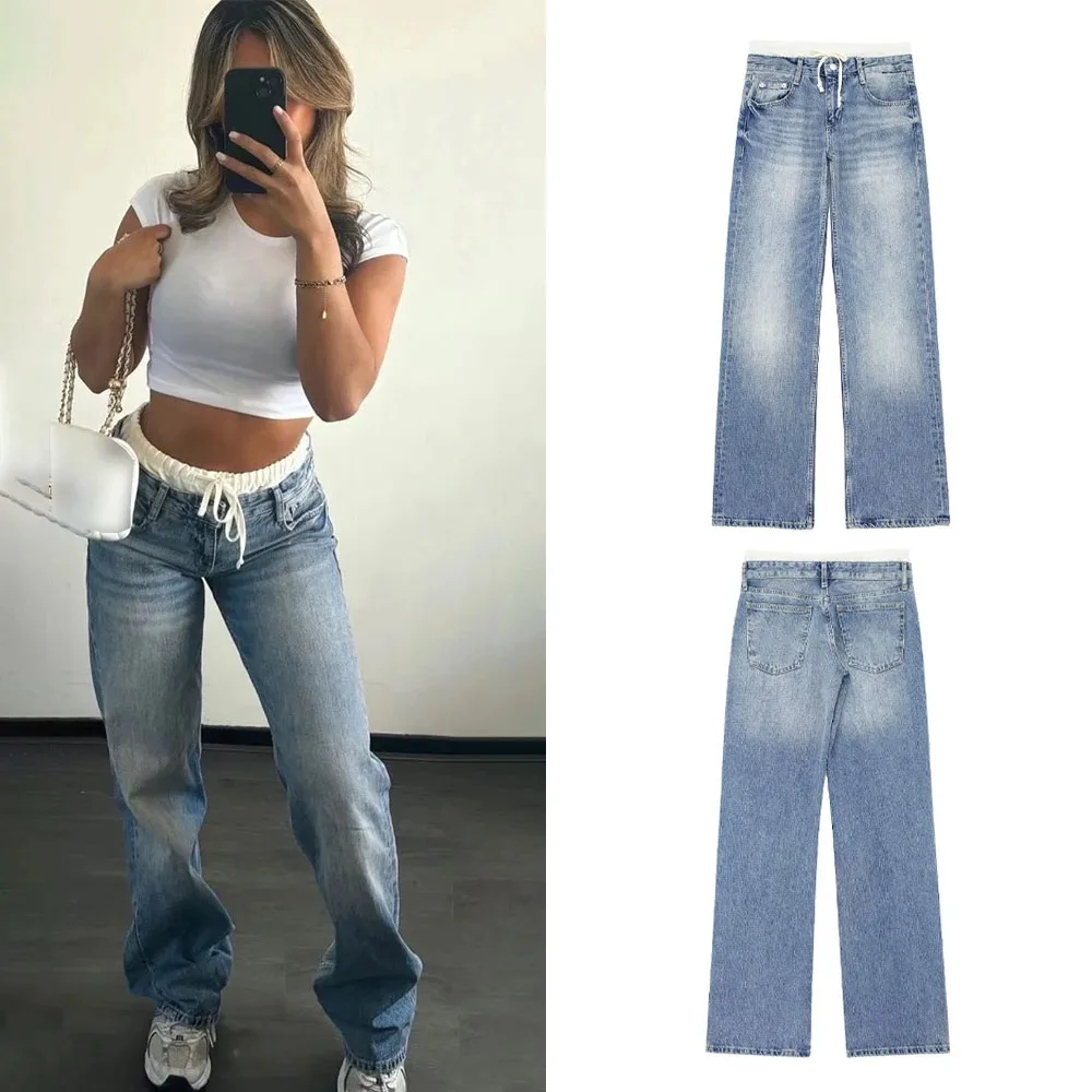 Celana Denim PRINTKAOIR untuk Wanita Celana Jeans Kasual Vintage Patchwork Celana Jeans Wanita Fashion Streetwear Chic Celana Jeans Kaki Lebar