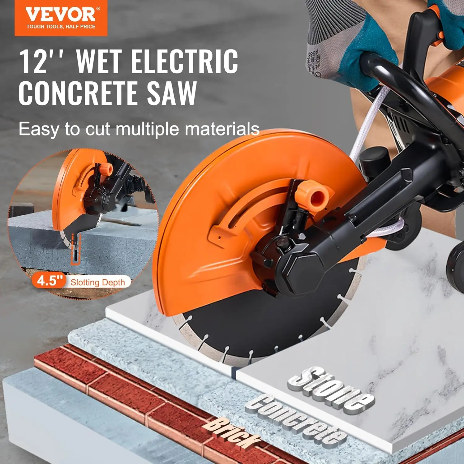 Electric Concrete Saw, 12 in, 1800 W 15 A Motor Circular Saw Cutter with Max. 4.5 in Adjustable Cutting Depth, Wet Disk Sa