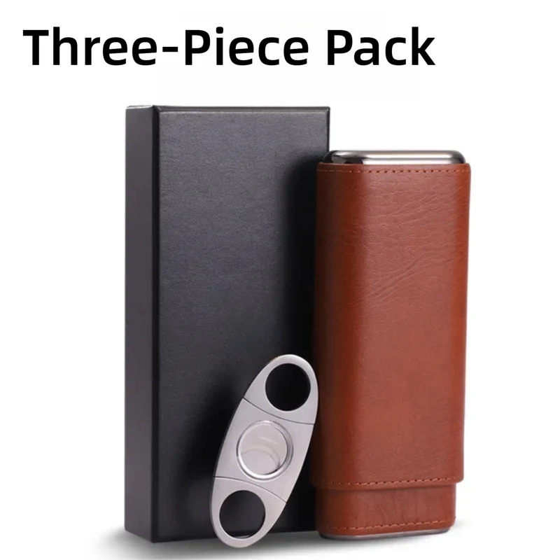 

Портативный чехол для хьюмидора для сигар на 3 сигар, дорожная коробка из натуральной кожи, на кедровой подкладке, подарочный набор для резки сигар из нержавеющей стали