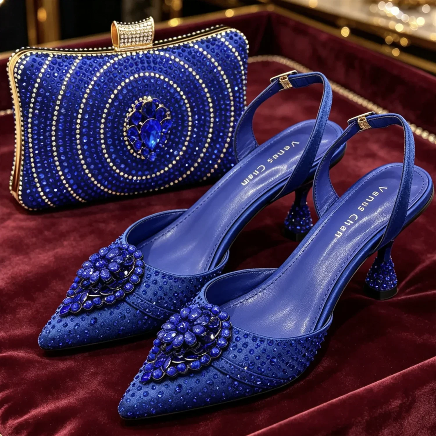 Crystal Rhinestone Heels & Clutch Bag Set Pointed Slingback Heels Women Wedding Prom Party Elegant Formal Matching Shoe Purse
