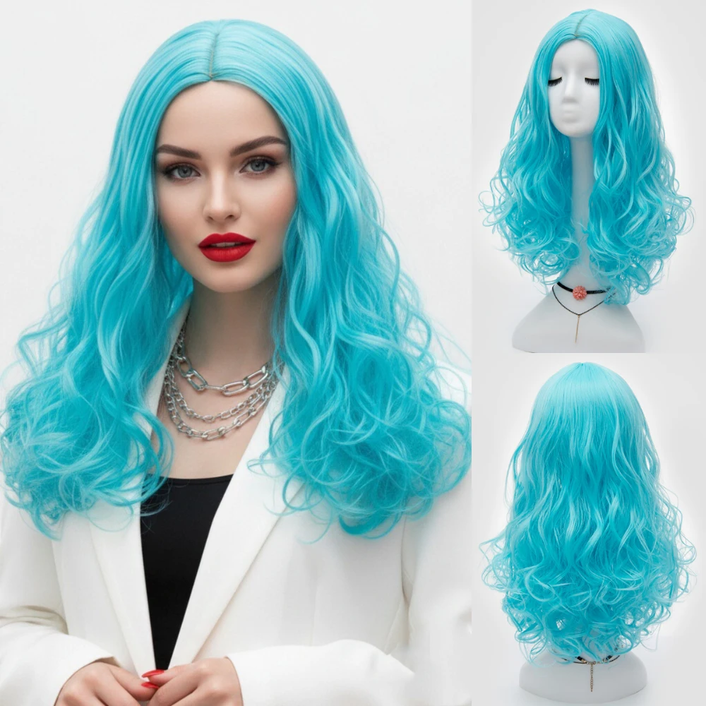 

Термостойкий синий парик со средней частью, женский короткий волнистый синтетический парик для Хэллоуина, Рождества, косплея, ежедневных видов