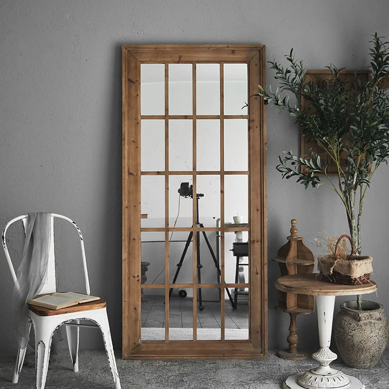 

American old solid wood full body mirror retro floor mirror