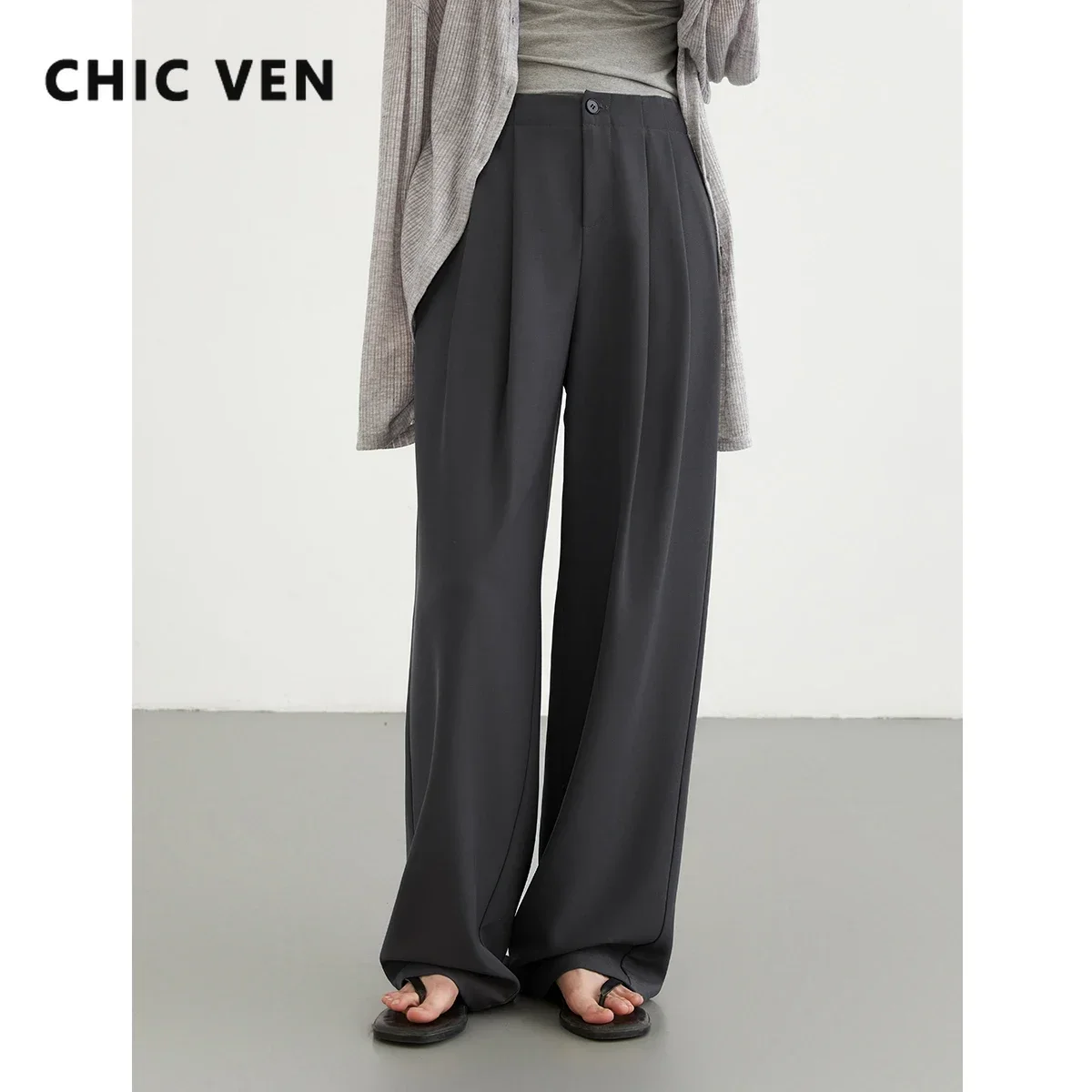 CHIC VEN Women Pants New Casual High Waisted Female Pleated Trousers Drooping Wide Leg Long Pant Office Lady Spring Summer 2025