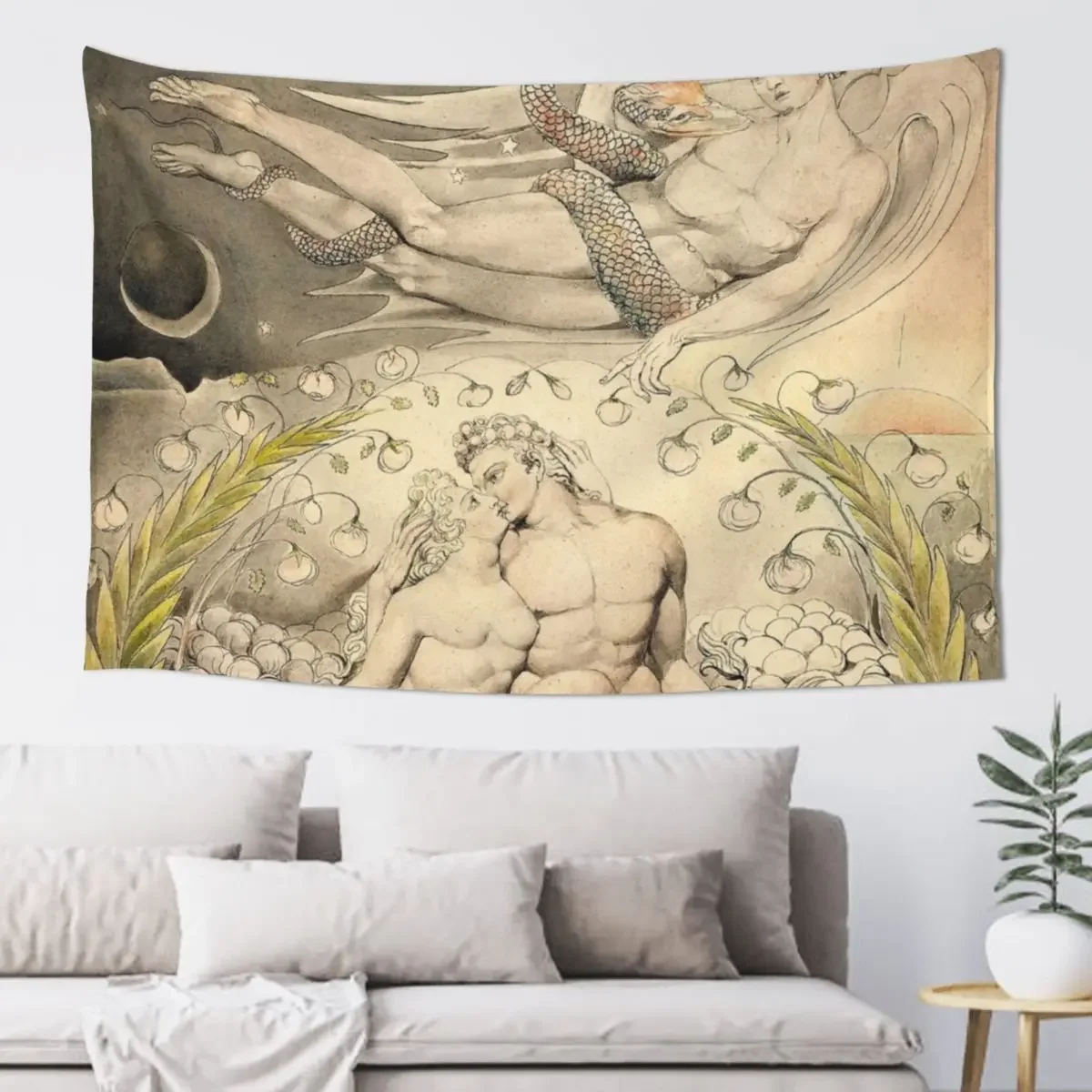 HD Satan Watching the Endearments of Adam and Eve, by William Blake HIGH DEFINITION (Original colors) Tapestry