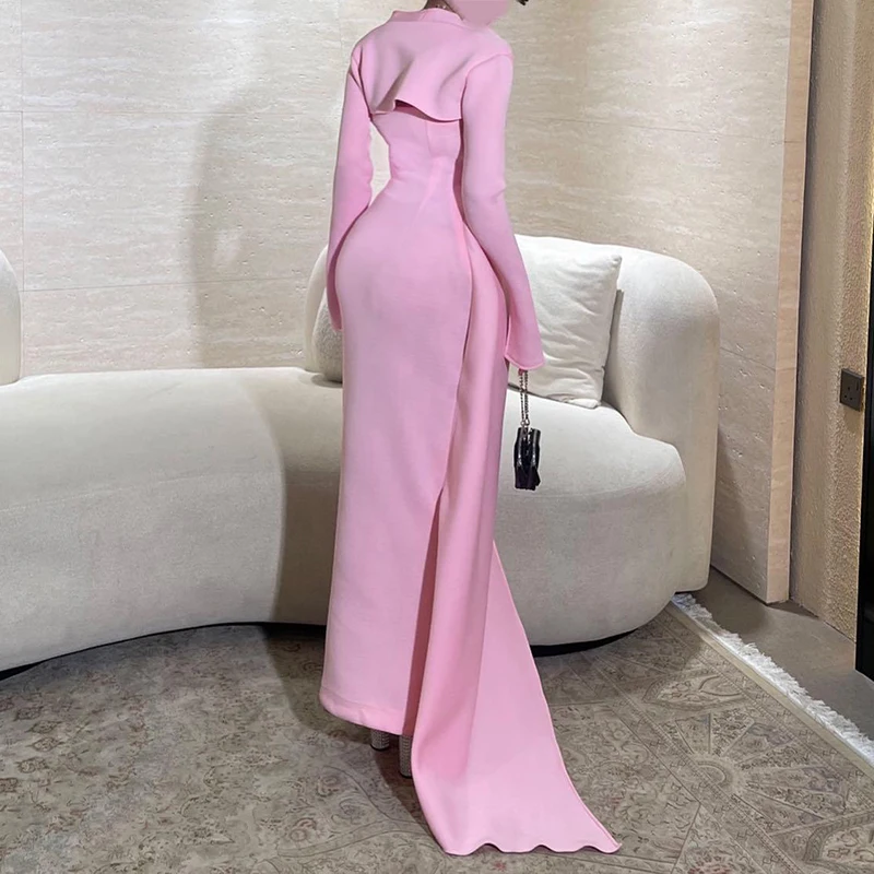 

Элегантная тонкая юбка с разрезом и высокой талией, женская мода, розовый комплект из 2 предметов, длинная юбка без бретелек без рукавов и кардиган с шалью