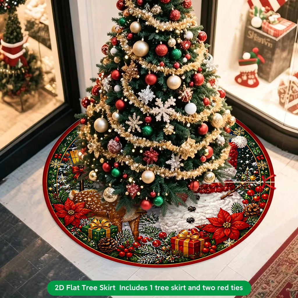 VIKAMA Christmas Tree Skirt Xmas Deer Poinsettia Gift Box Pine Cone Print Non‑Slip Washable Round Christmas Tree Decoration Mat