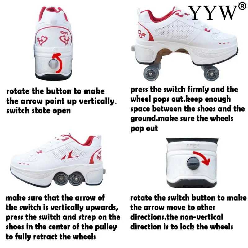 Casual Sneakers Walk Roller Skates Deform Runaway Four Wheel Skates for Adult Men Women Unisex Child Deform Wheel Parkour Shoes