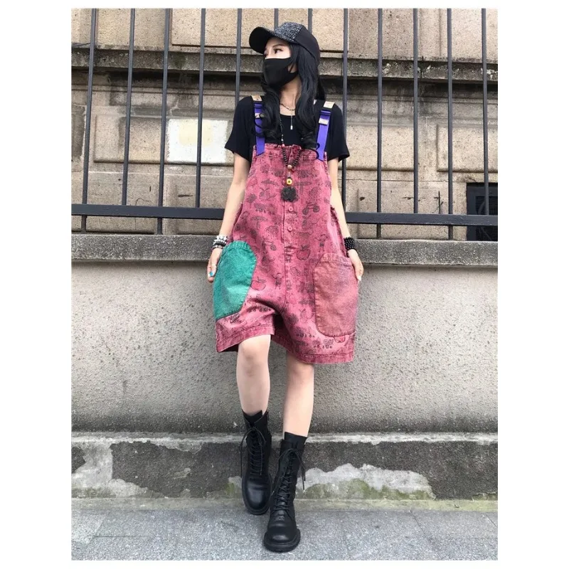 European Personalized Printed Denim Suspenders for Women Summer Flesh-covering Workwear One-piece Wide-leg Trousers