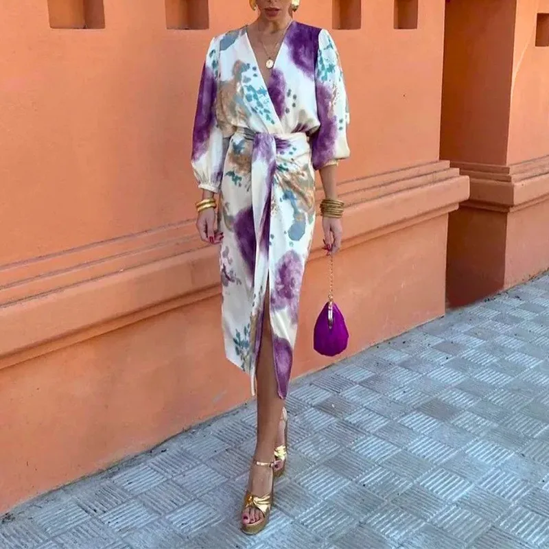 Spring Women's Clothing Casual Split Long Sleeve Blouse And Midi Skirt Set Sweet Elegant Two Piece Polyester Abstract Print