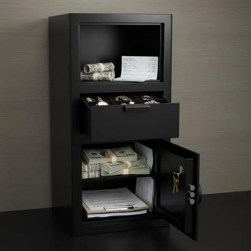 Coffre-fort de dépôt sécurisé, coffre-fort à insertion, coffre-fort à insertion de 3,6 pieds cubes avec grande fente centrale de dépôt, coffre-fort à insertion avec clavier, 3 niveaux et clés de rechange pour espèces, reçus bancaires et documents