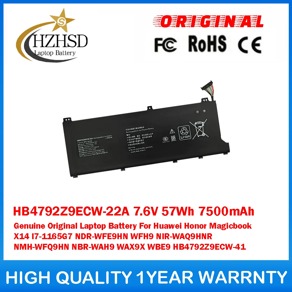 

HB4792Z9ECW-22A 7.6V 57Wh 7500mAh Genuine Original Laptop Battery For Huawei Honor MagicbookX14 I7-1165G7 NDR-WFE9HN NIR-WAQ9HNR