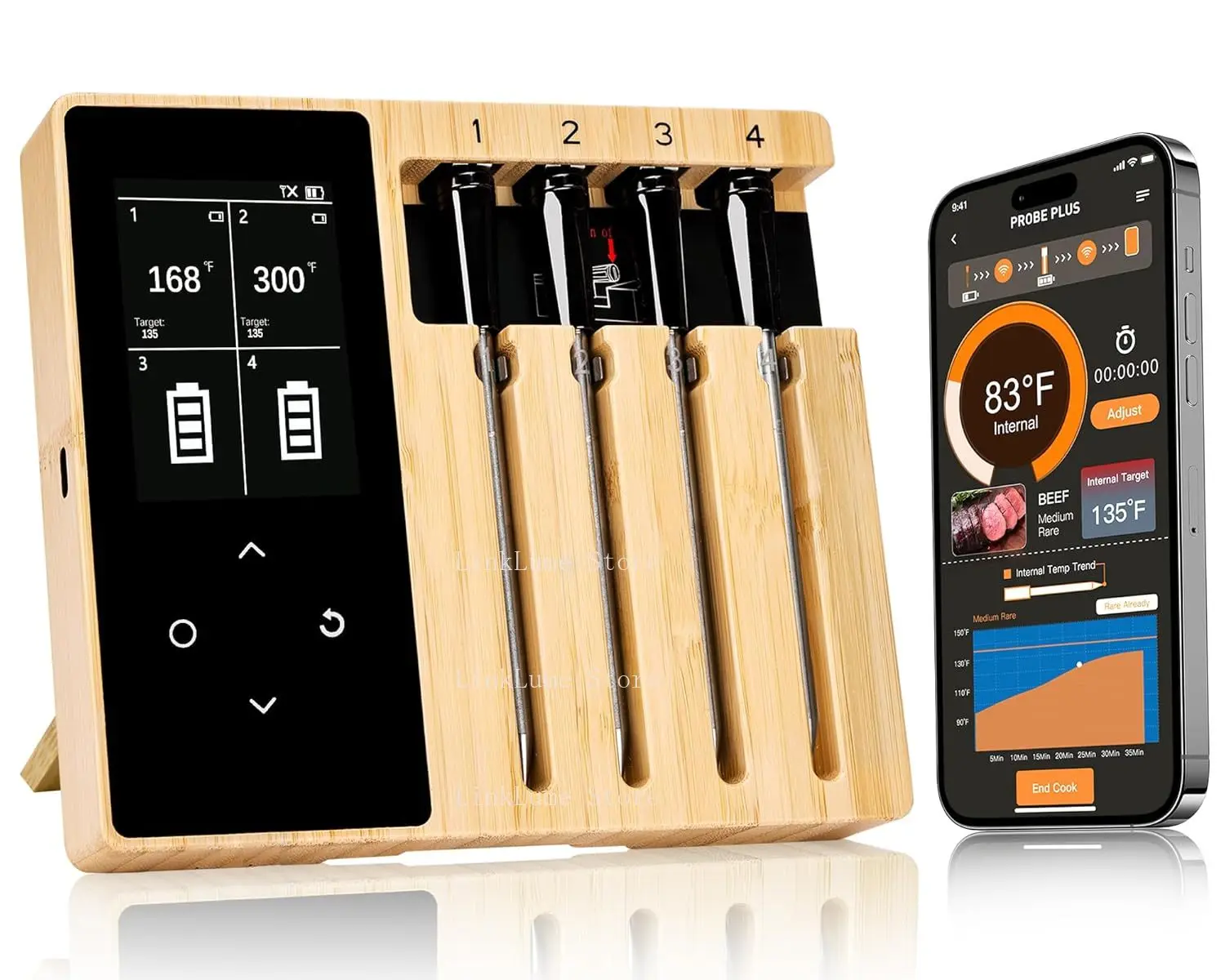 Smart Bluetooth Wireless Meat Thermometer Thin Film Transistor Display 4 Probes Oven, Grill, Food Thermometer