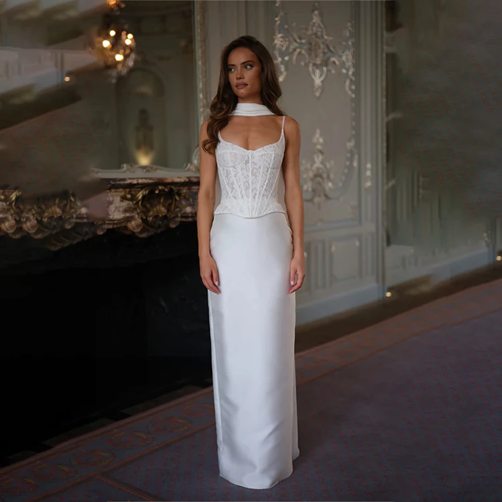 

Elegnat Two Straps Sweetahrt Lace Satin Sheath Wedding Dresses With Long Scalf Back Slit Custom Made 2026 Vestido De Noival