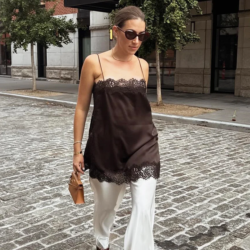 Satin-Spitzen-Top für Damen, ärmellos, rückenfrei, Camisoles-Tops, weiblich, Sommer, Y2K-Tanktops und Camis, elegantes Damen-weißes Top, Streetwear