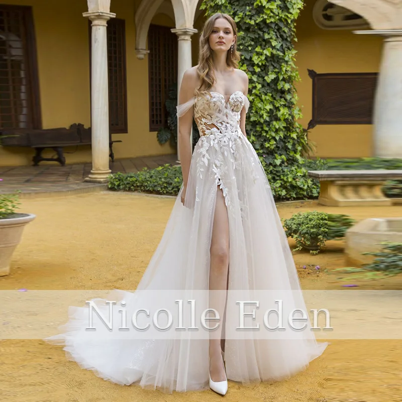 Nicolle Romantic Fancy Wedding Dresses Square Collars Long Sleeves Floral Print Lace up Corset Robe de Mariée Drop Shipping
