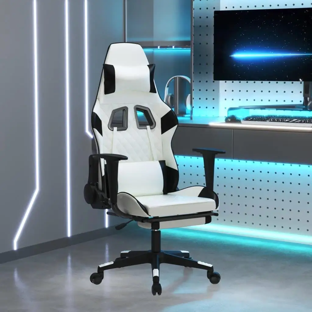 Ergonomic Gaming Chair with Footrest in Stylish White & Black Faux Leather