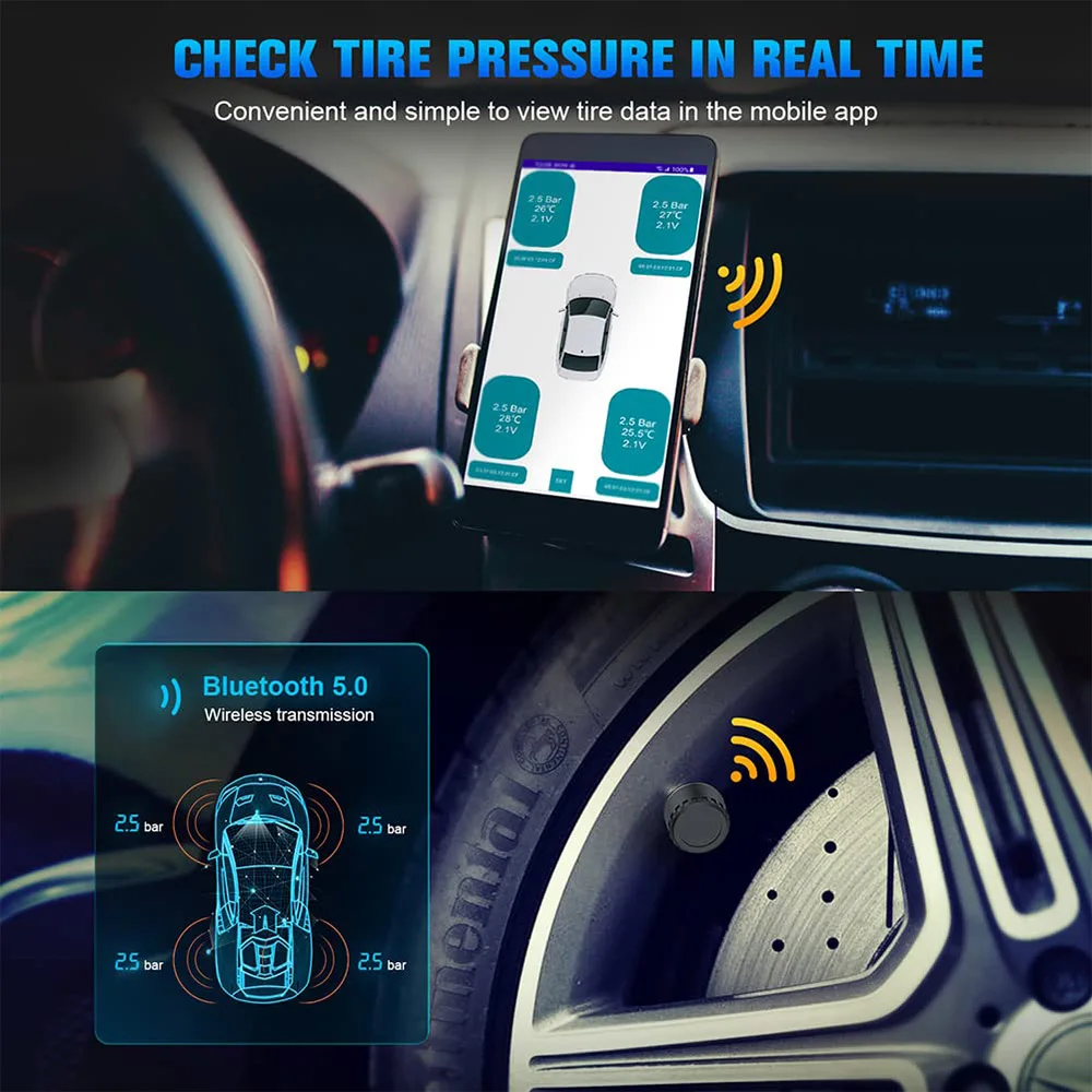 Car TMPS Tire Pressure Sensors Motorcycle TPMS Bluetooth-Compatible Tire Pressure Monitoring System External Sensor Android/IOS