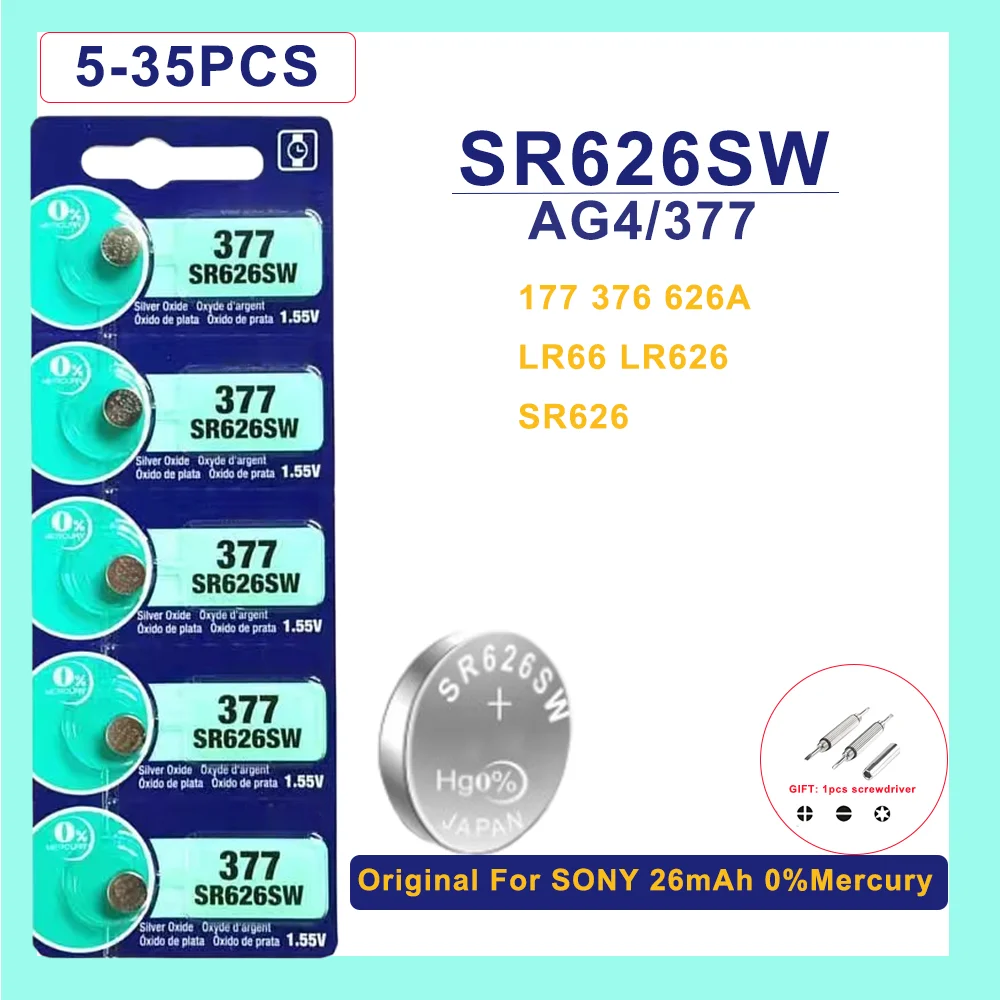 Original For SONY AG4 377 Button Batteries SR626SW SR626 177 376 626A LR66 Cell Coin Alkaline Battery For Watch Toys Clock