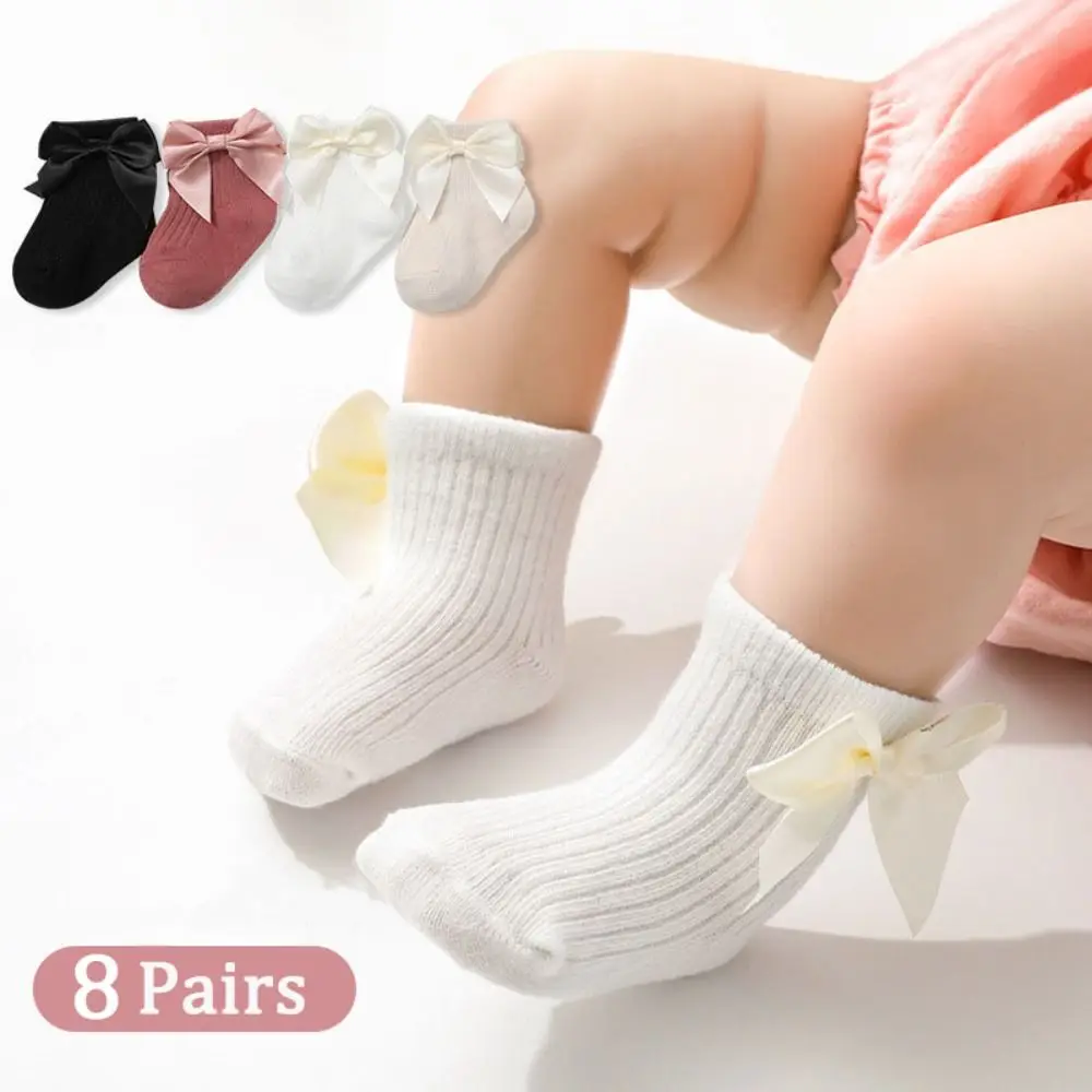

8Pairs Fashion Bowknot Baby Cotton Socks Stripe Breathable Toddle Short Tube Socks Cute Autumn Spring Infant Solid Socks Newborn