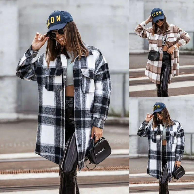 

Классическое клетчатое шерстяное пальто для женщин, однобортное однобортное пальто средней длины с воротником на пуговицах и длинными рукавами, весенняя женская одежда
