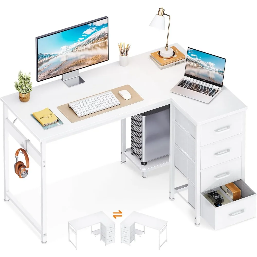 

L Shaped Desk with 4 Drawers, 40" Small White Computer Desk with Storage, Reversible Kids Study Desk with CPU Stand & Hook, Cor