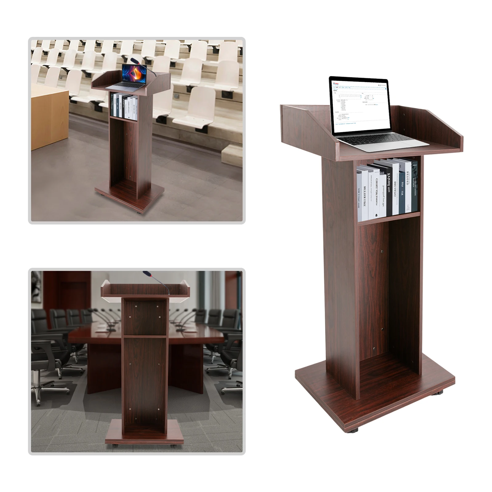 

Multi-Tier Wood Podium Stand with Storage, 360° Rotating Wheels, Adjustable Height, Easy to Clean, Perfect for Schools, Offices,