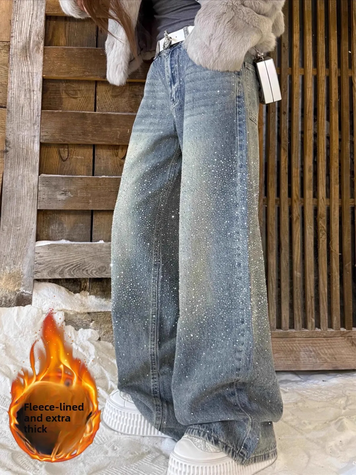 

iny Fce Lined Heavy Du Wide Leg Jeans Women's Faion High Waist Straight Cut Non Stretch Autumn Season Ladies Jeans