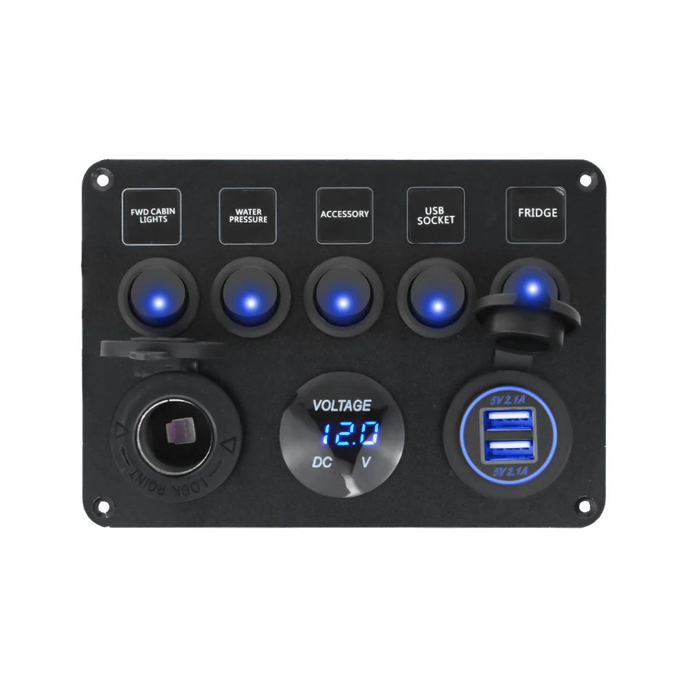 Boat Switch Panel Car Switch Panel Waterproof Digital Voltmeter Dual USB Port 12V Outlet Combination Marine LED Rocker 5 Gang