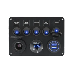 Boat Switch Panel Car Switch Panel Waterproof Digital Voltmeter Dual USB Port 12V Outlet Combination Marine LED Rocker 5 Gang
