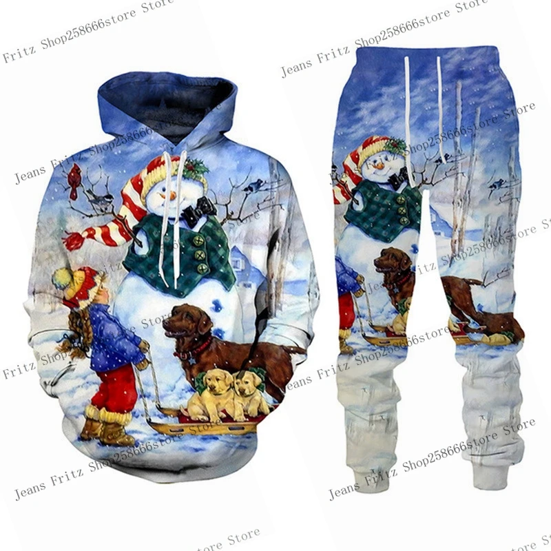 3D Print Hoodies Suit Christmas Santa Claus Man Woman Tracksuit Pants 2pcs Sets New Year Holiday Party Kids Pullover Hooded