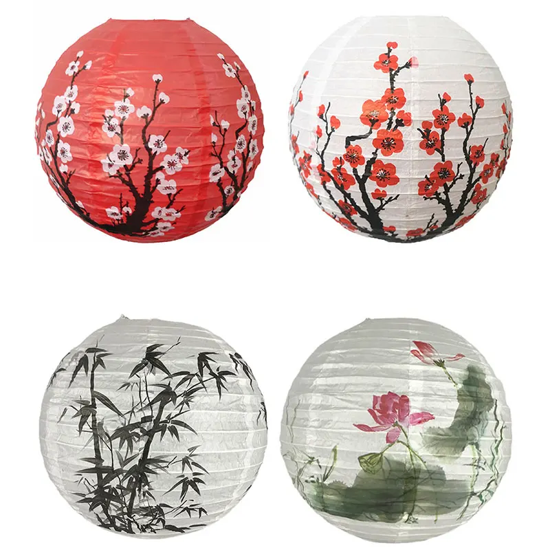 30CM Japanese Style Wedding Birthday Party Decoration Mid Autumn Festival Handheld Lantern Printed Flower Round Chinese Lantern