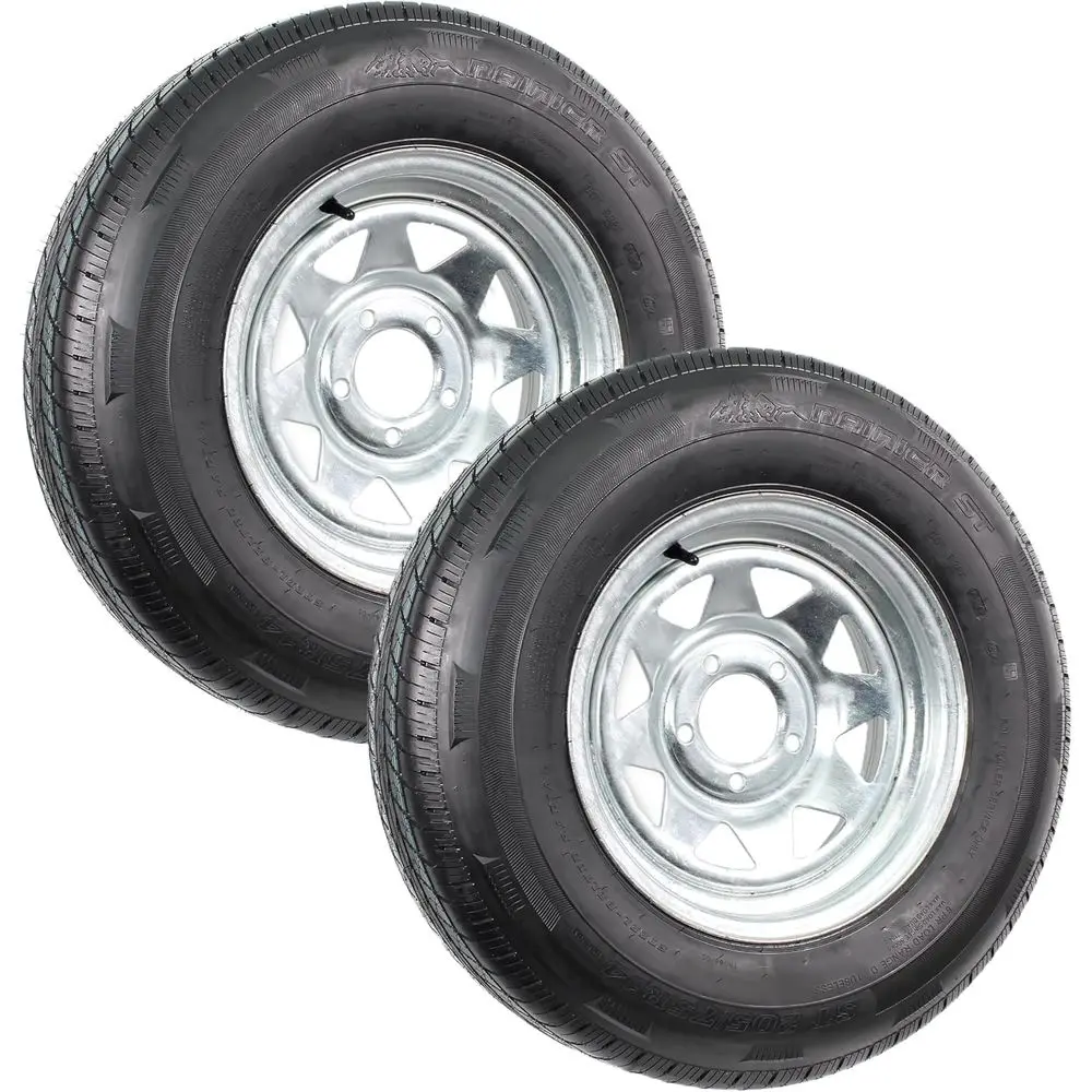 Radial Trailer Tire Set ST205/75R14 14 Load Range D 5 Lug Galvanized Spoke Wheels - 6 Year Warranty