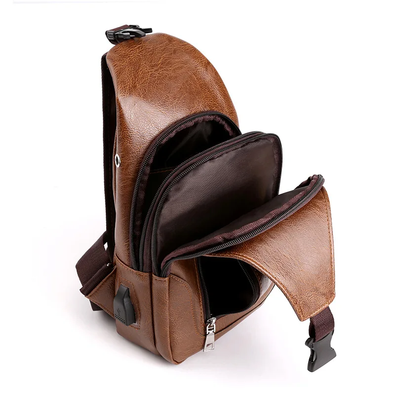 Multifunction USB Charging Men's Chest Bag Fashion PU Leather Crossbody Shoulder Bag Male Chest Pack Sports Sling Bag