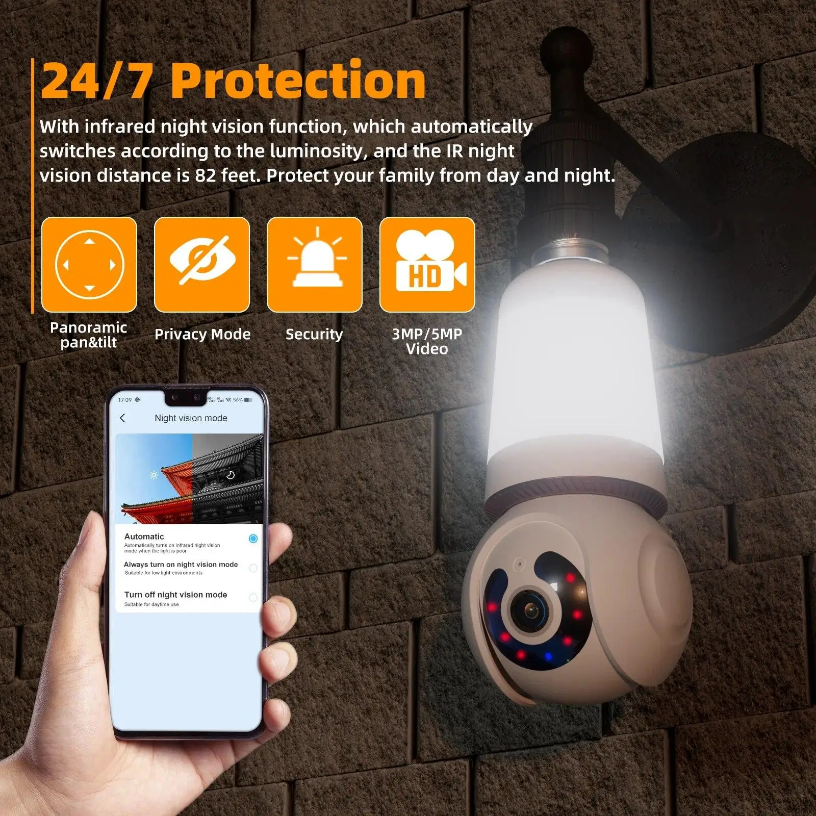 AIOOK Home Security Camera HD 5MP E27 LED Bulb Lighting WIFI Camera Full Colour Night Vision Mobile Body Detection Remote View