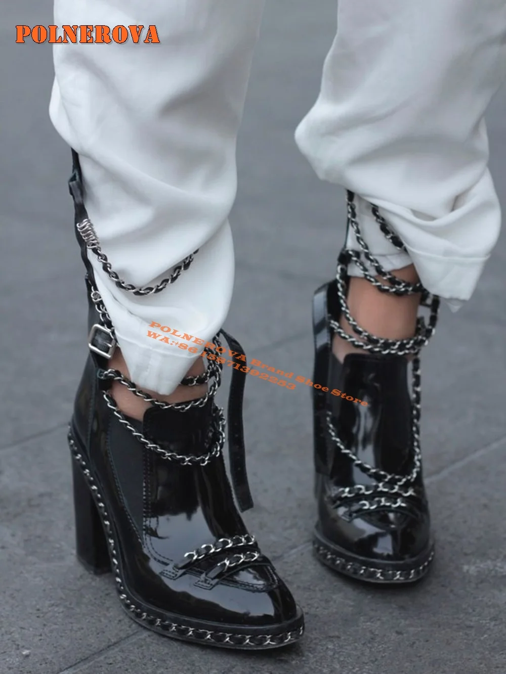 Black Chain Decor Patent Leather Boots Pointer Toe Rivet Chunky Heels Solid Cut Out Patch Zip Fashion Ankle Boots 2024 New Style