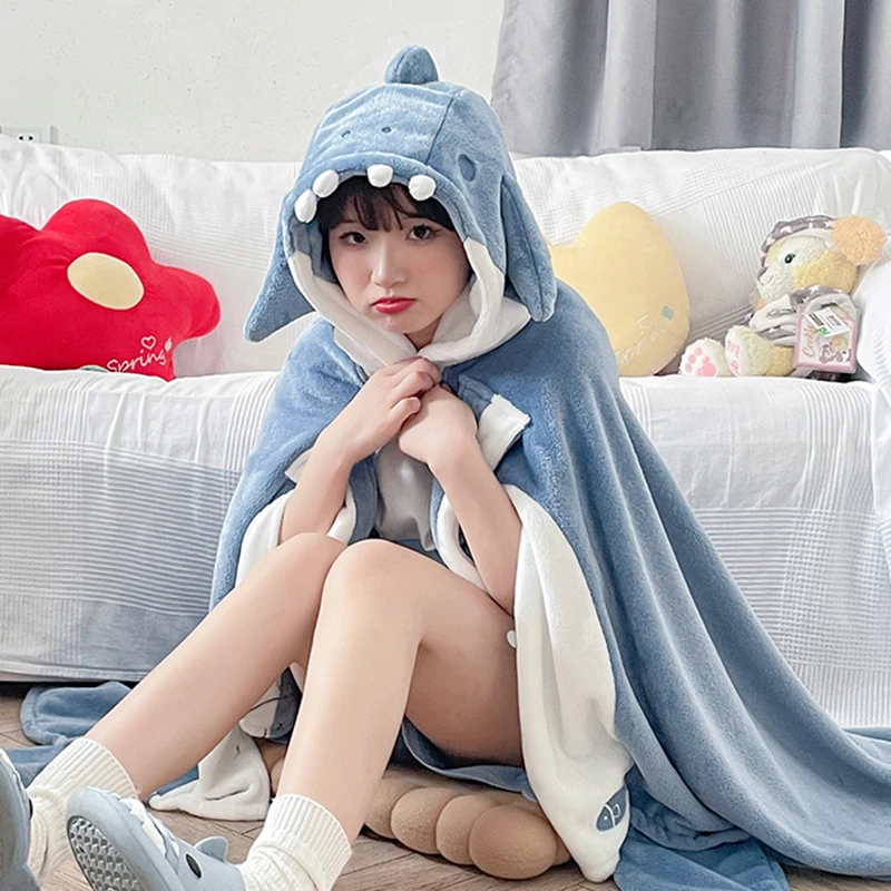 Winter Pajamas Women Lunch Break  Sleepwear Robe for Women Robe Long Night Gown Women\'s Nightgown Cartoon Shark Cloak Pajamas