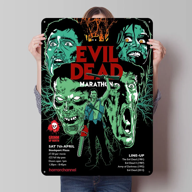 Evil Dead Marathon Druckposter Individualisierte Retro-Wandkunst Vintage Metallschilder für Männerhöhle Haus Benutzerdefinierte Plakette Raumdekoration