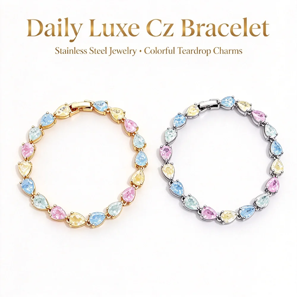 AENSOA Marken-Armband für Damen, modisch, aus Edelstahl, in Macaron-Farben, mit Wassertropfen-Zirkonia-Elementen, klassisch, wasserdicht, für Partys – Detail 10