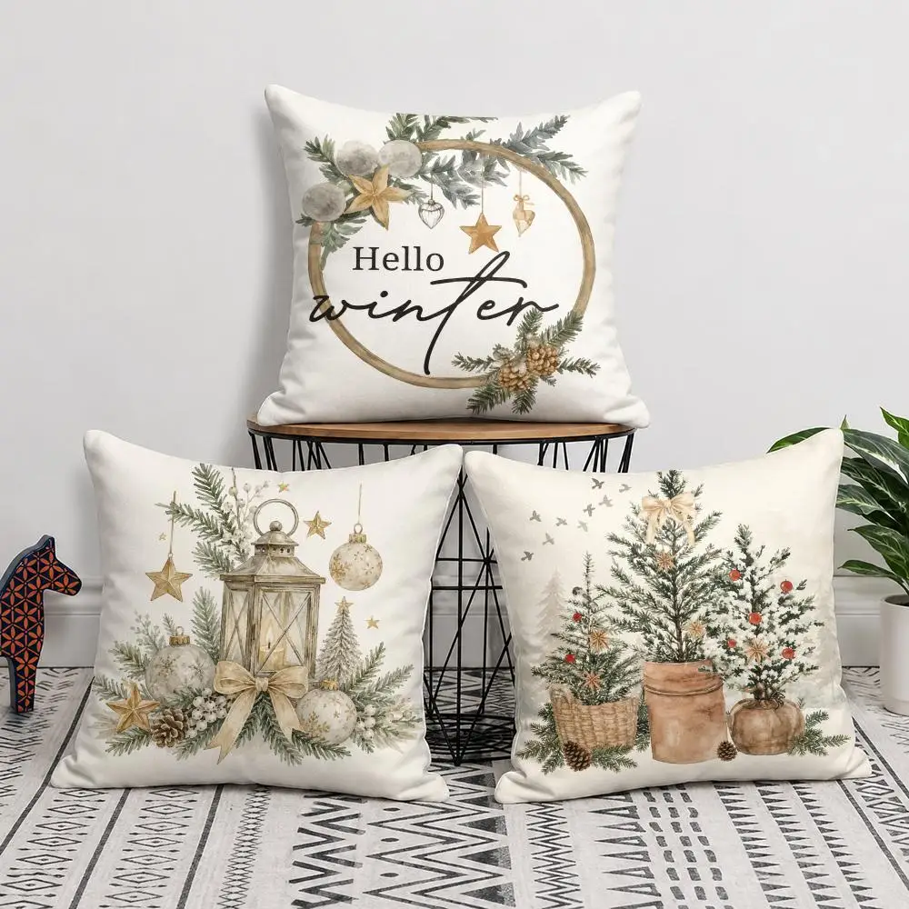 Christmas Hello Winter Cushion Cover Soft Short Plush Double-Sided Printing Home Decor Festival Party Pillow Case Gift