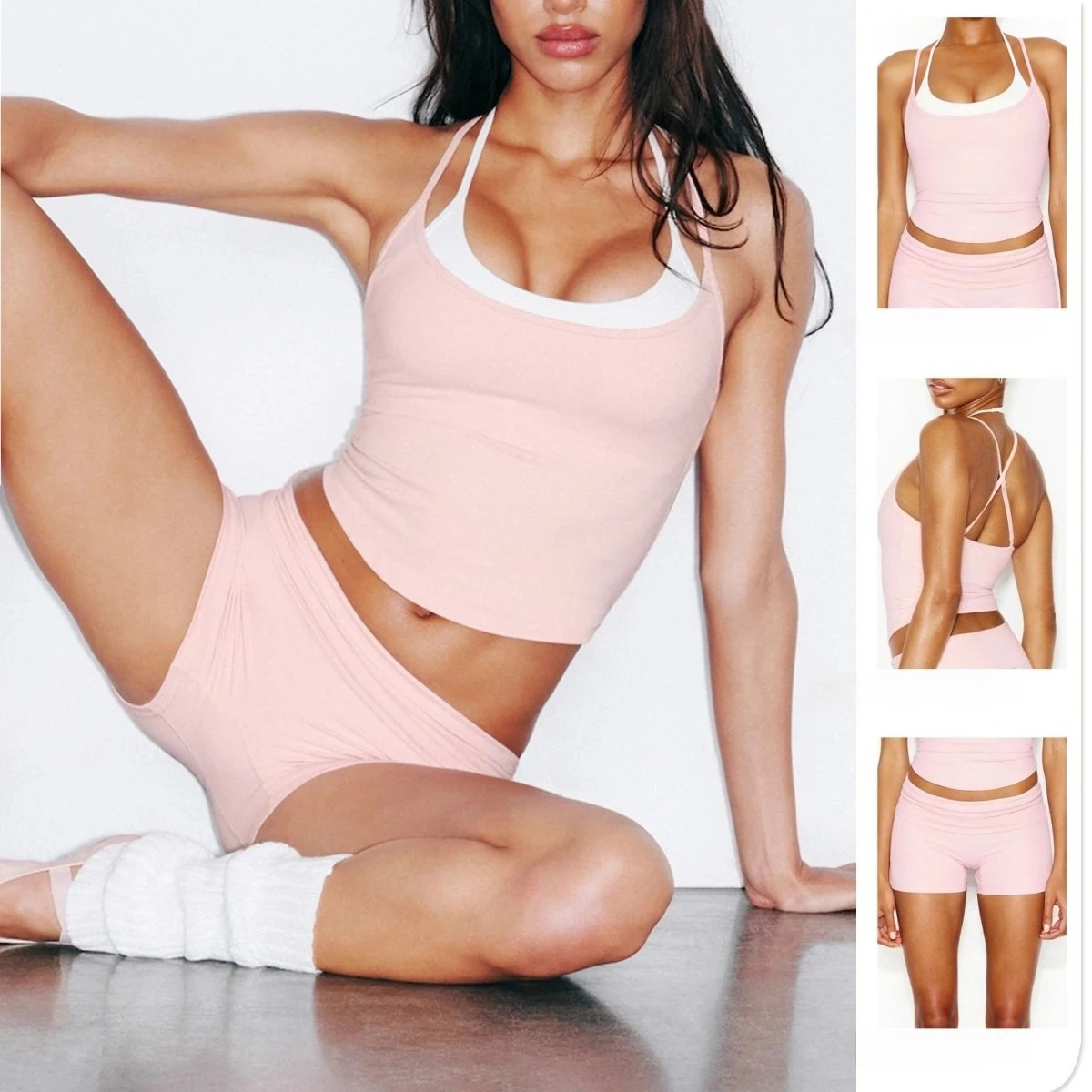 Women 2Pcs Workout Set Fake Two‑Piece Color‑Block Halter Yoga Vest Fold‑Over Waist Yoga Shorts Quick Dry Fitness Dance Gym Suit