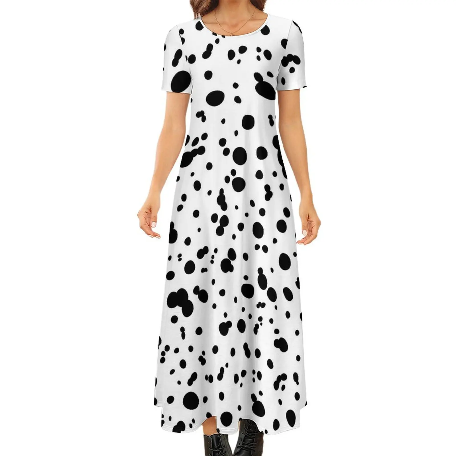 

Dalmatian Spot Dress Animal Print Modern Maxi Dress Street Fashion Boho Beach Long Dresses Women Short Sleeve Oversized Vestidos
