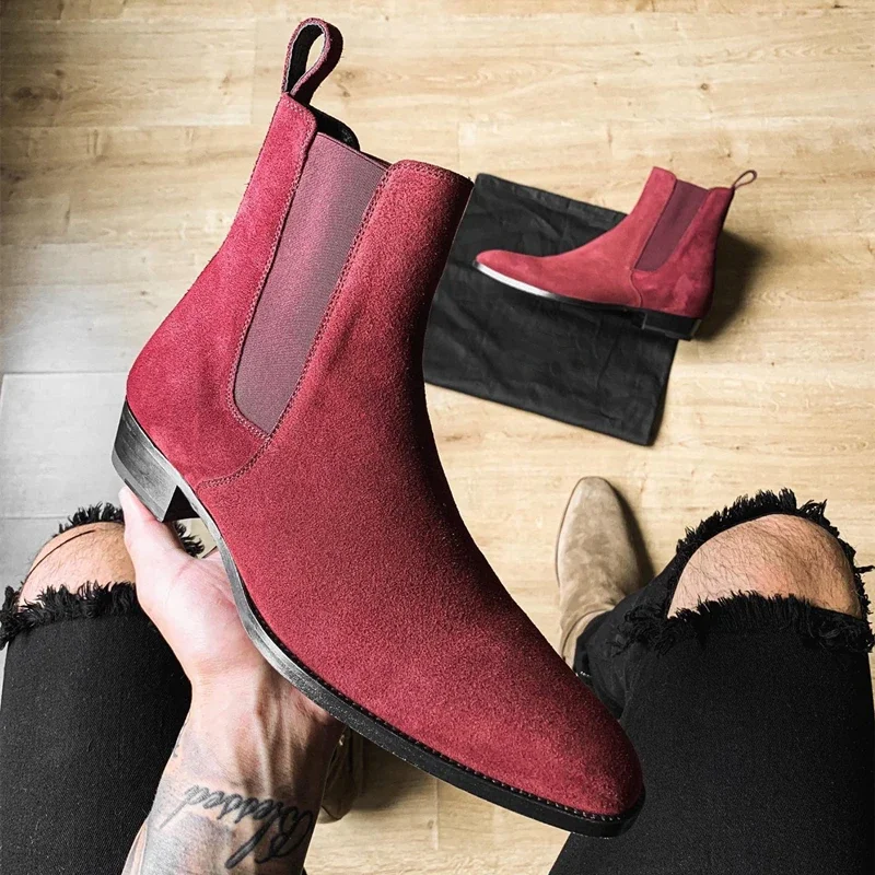 Chelsea Boots Men Red Faux Suede Cowboy Ankle Vintage Boots Slip on Shoes for Men Men Boots